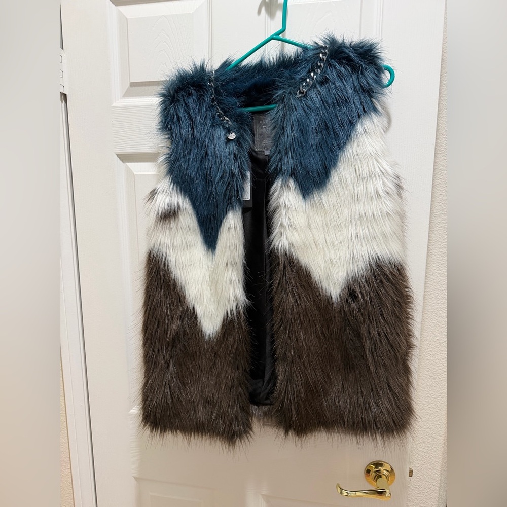 Guess Faux Fur Lena Vest - Blue, White, Brown. New w/tags